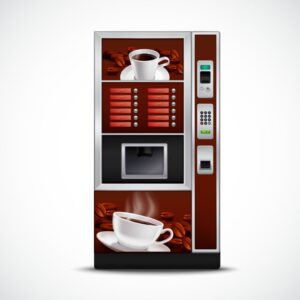 Realistic coffee vending machine with cups saucers and roasted grains on white background isolated vector illustration