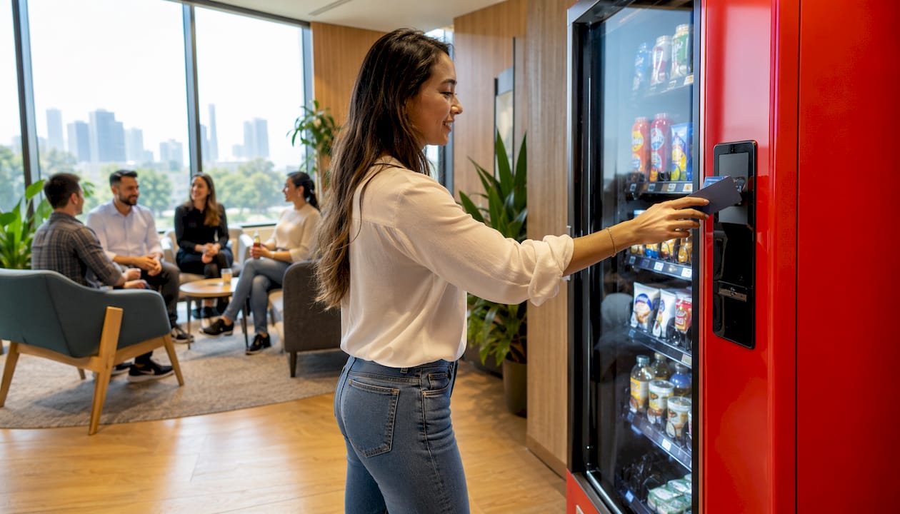 Hand tapping card on smart cooler vending machine