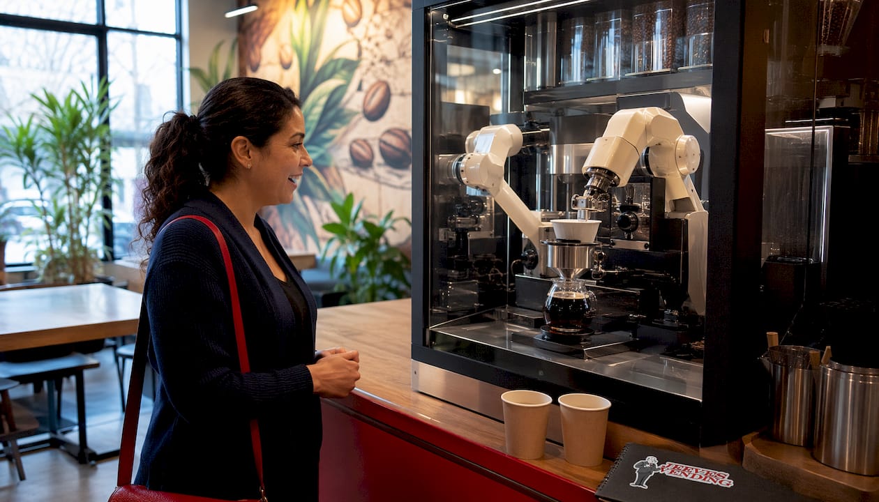 Woman watching automated coffee kiosk brew coffee