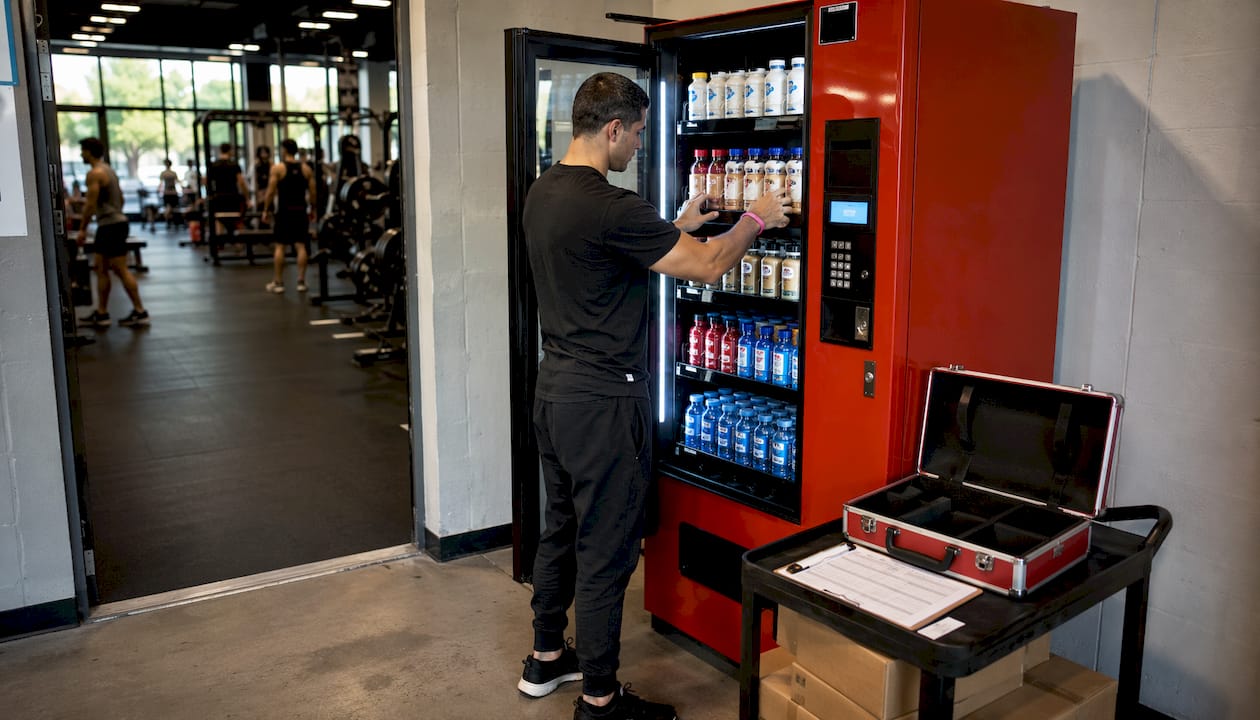 Staff stocking protein drinks in gym vending machine