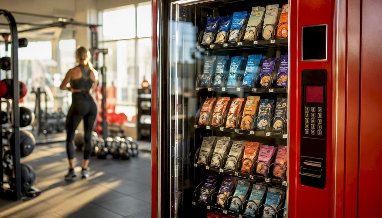 Close-up protein bars in gym vending machine