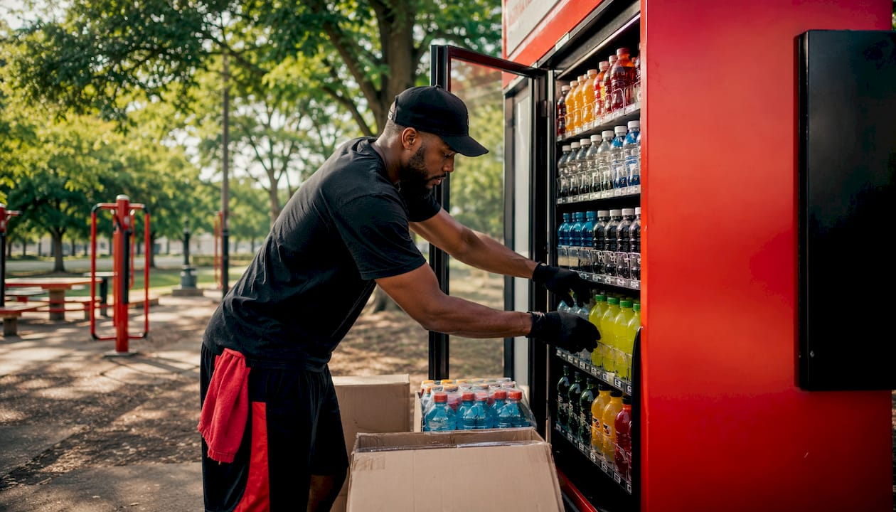 Worker stocking electrolyte drinks in gym vending