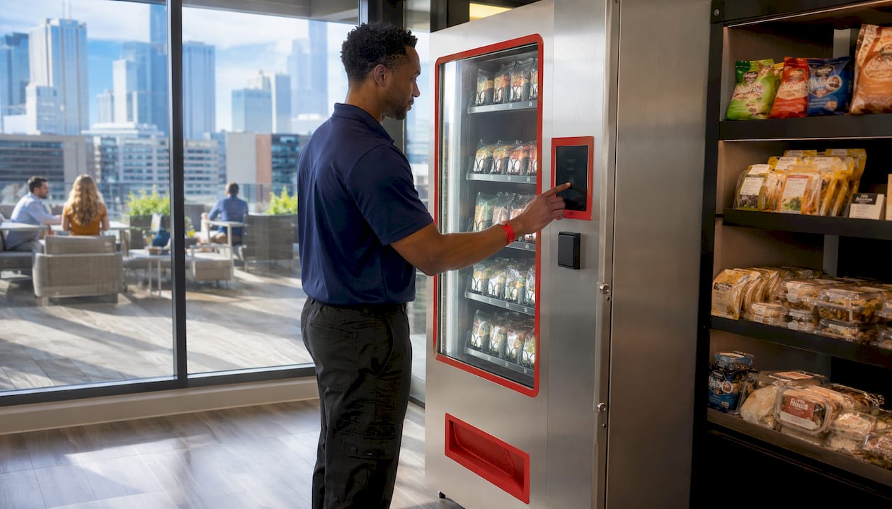 Technician adjusting micro-market kiosk touchscreen