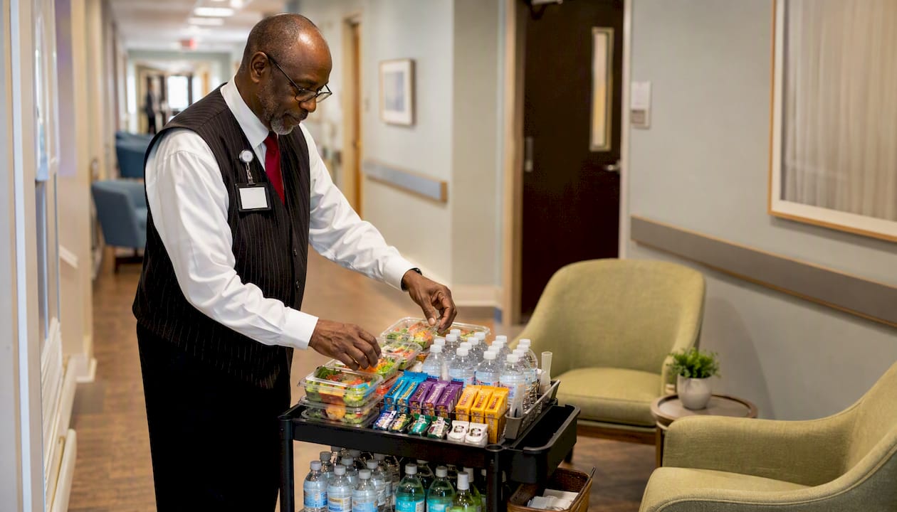 Volunteer stocking hospitality cart in hospital