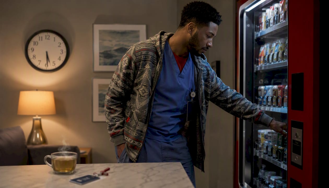 Nurse using vending machine during night shift