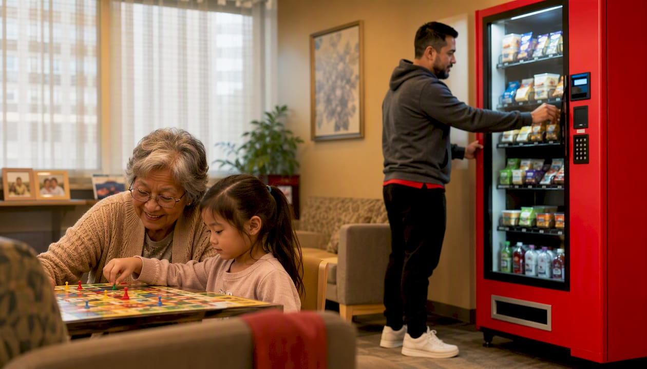 Family lounge with visitors near vending machines