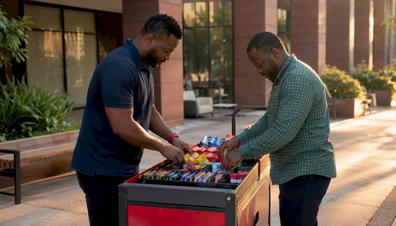 Two operators restocking vending machine inventory
