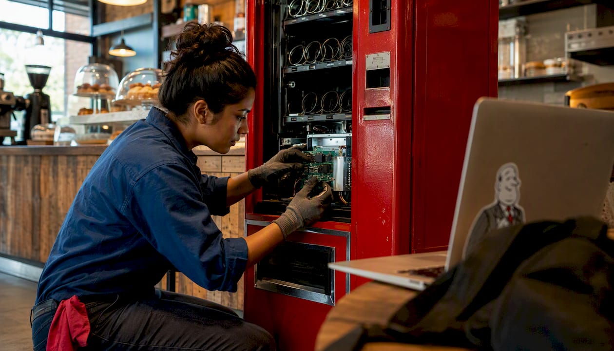 Technician installing telemetry in vending machine