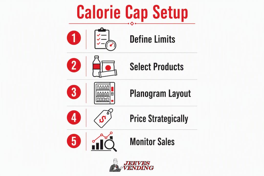 Infographic showing steps to set calorie-capped vending program