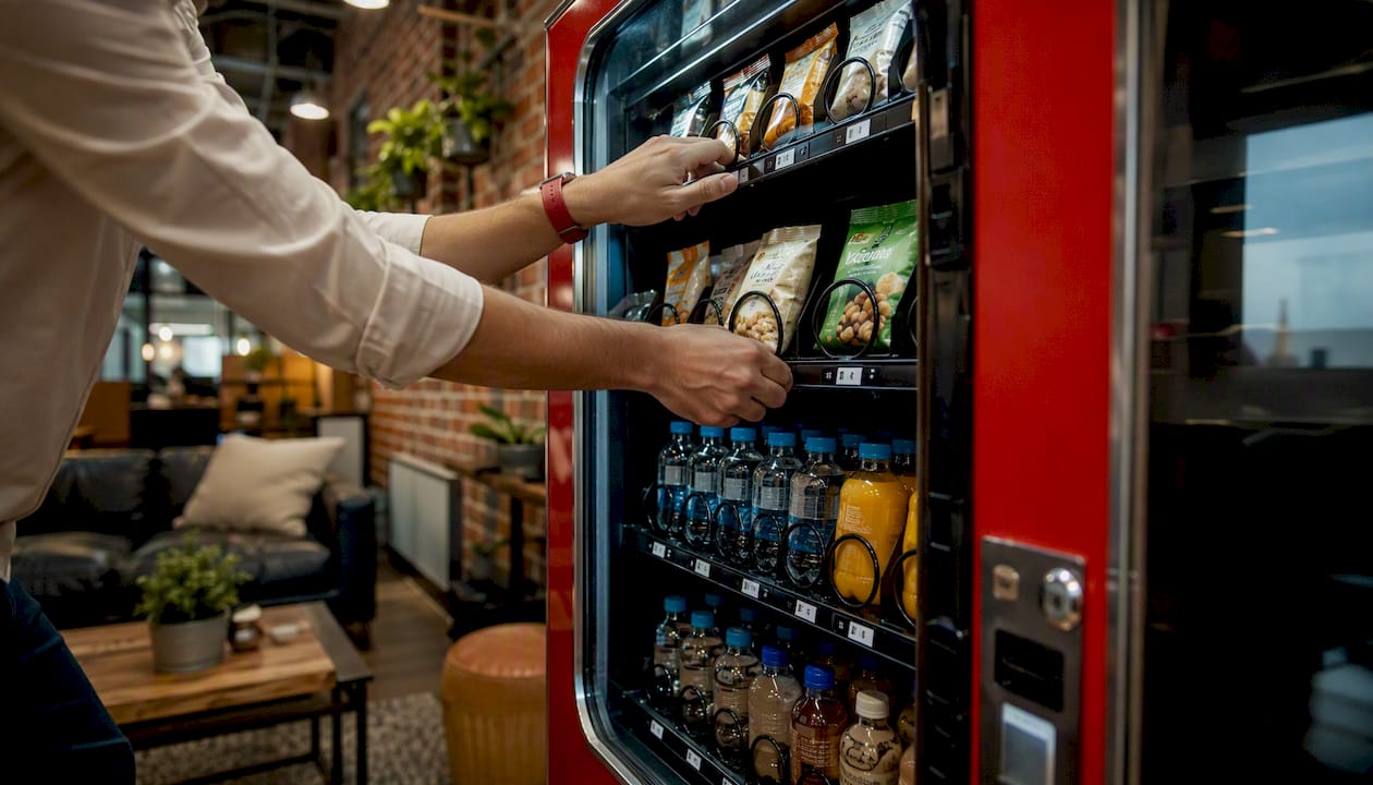 Hands arranging healthy snacks in vending machine