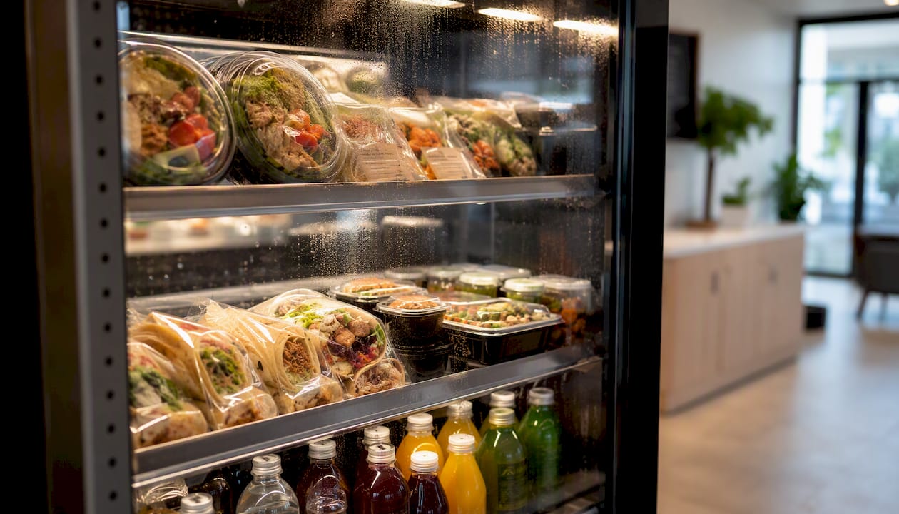 Chilled fresh meals and beverages inside vending machine