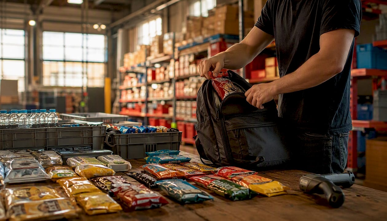 Hands assembling vending micro-market restocking kit