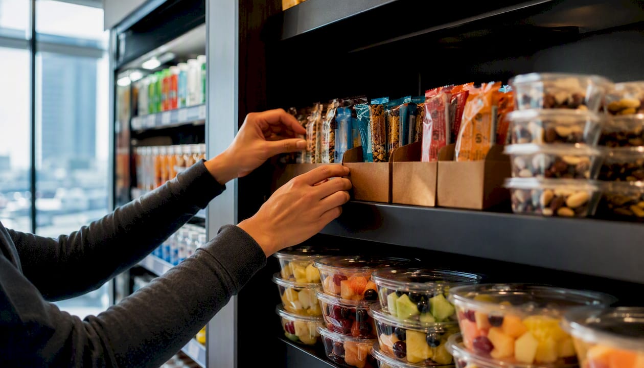 Hands restocking snack shelves in micro-market