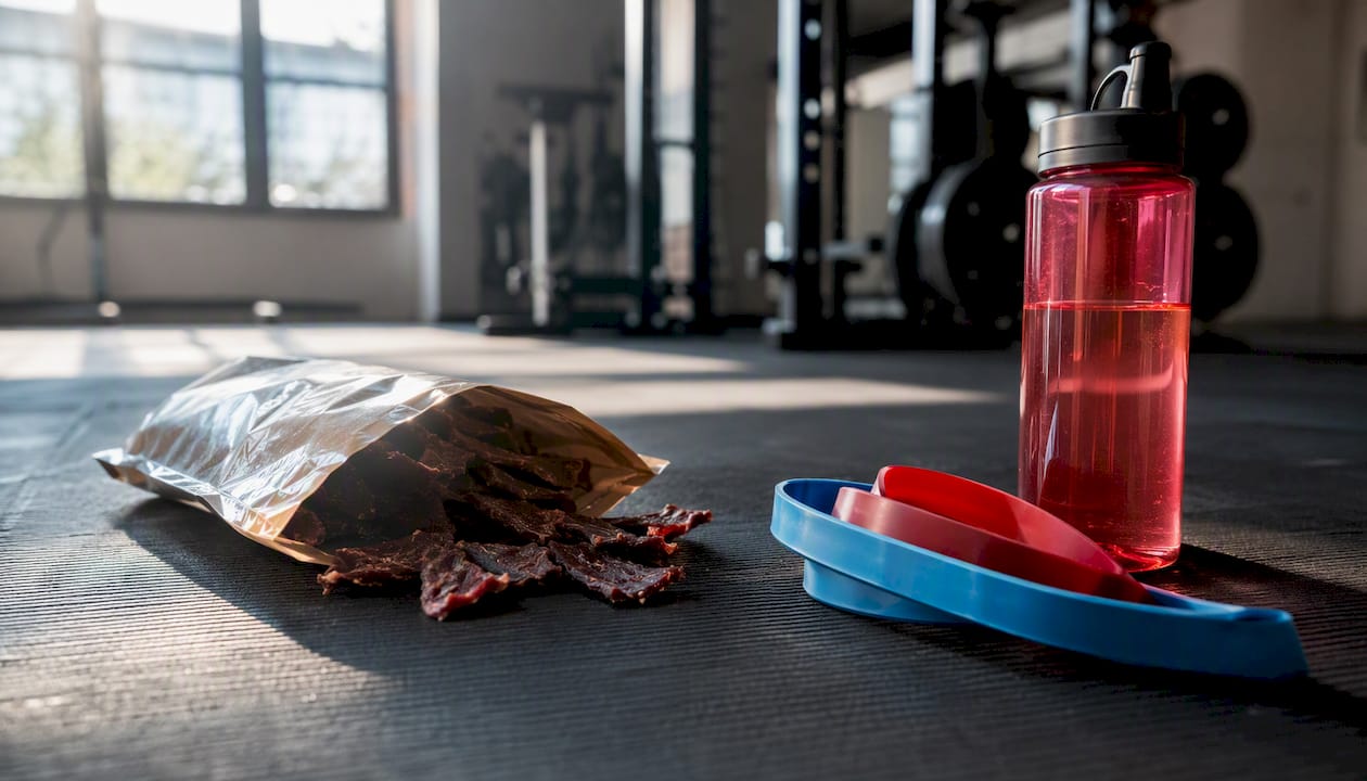 Beef jerky pouch on gym bench