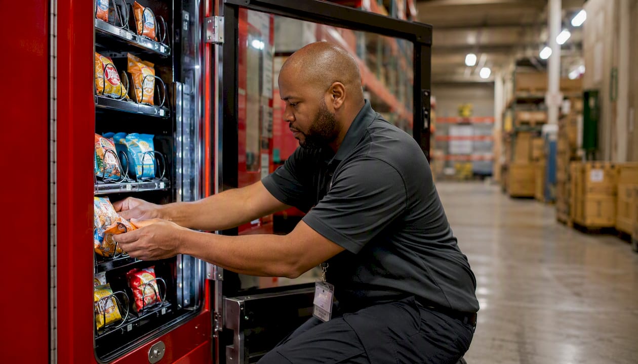 Technician restocking vending machine in warehouse corridor
