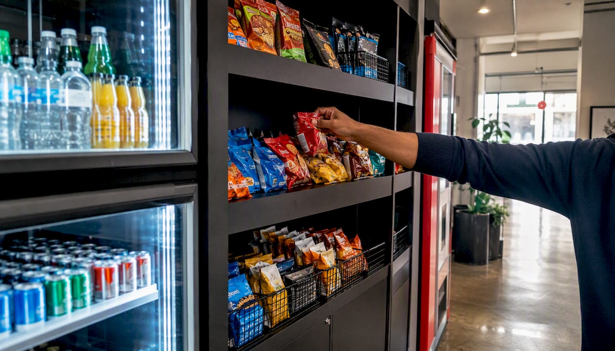 Hand restocking snacks in micro-market kiosk