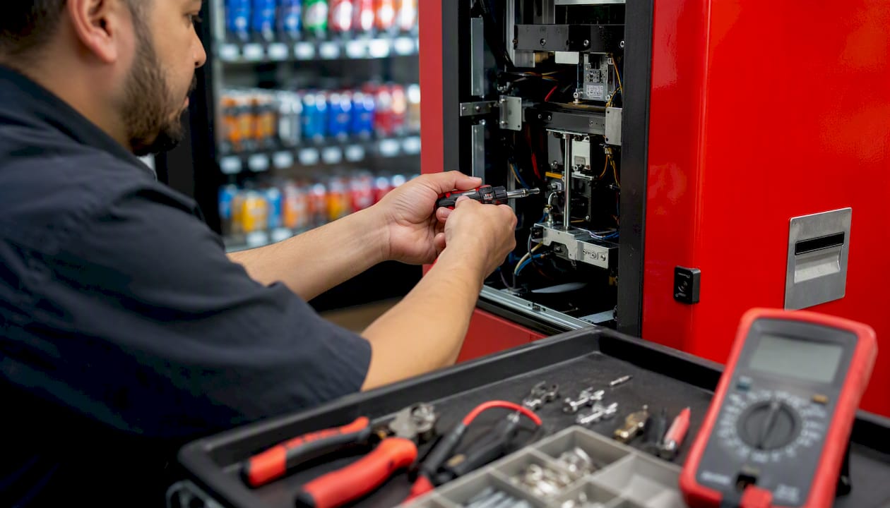 Technician hands adjusting vending machine module