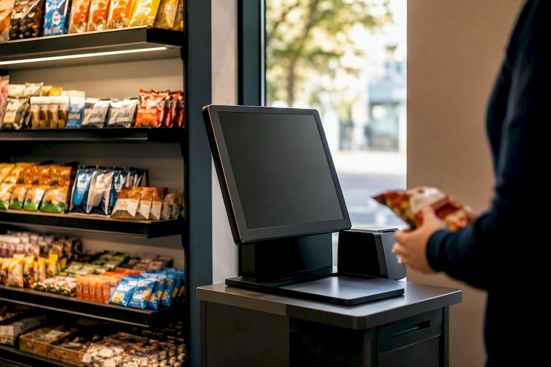 Self-checkout kiosk and shelves in office micro-market