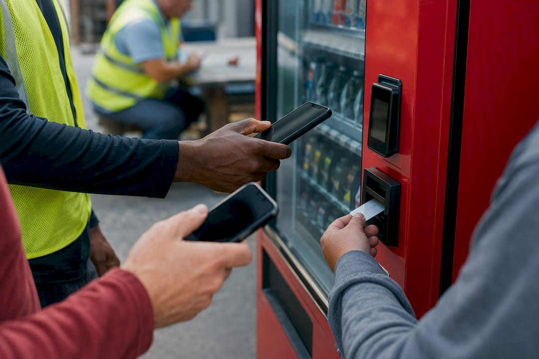 Warehouse worker hands using cashless payment
