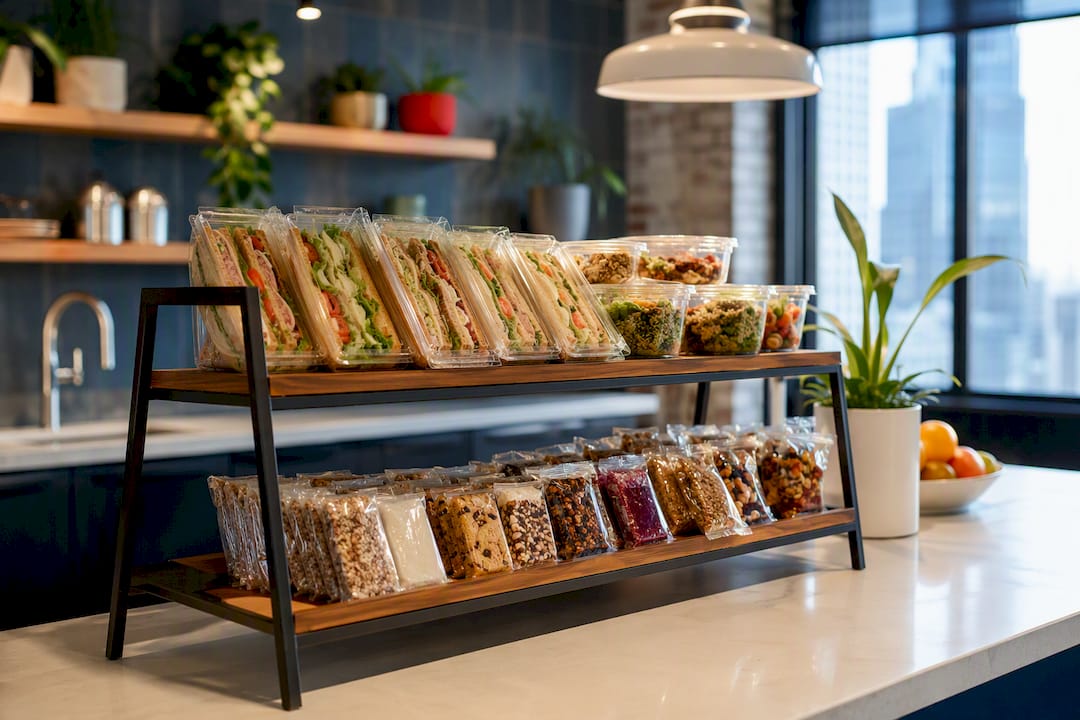 Fresh sandwiches and snacks displayed in micro market shelf