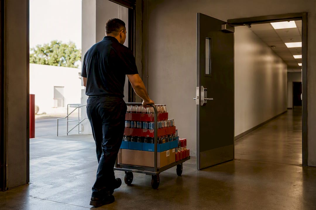 Restock cart moving through facility access route