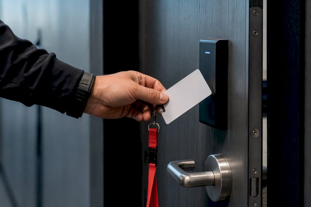 Technician using badge-controlled electronic lock