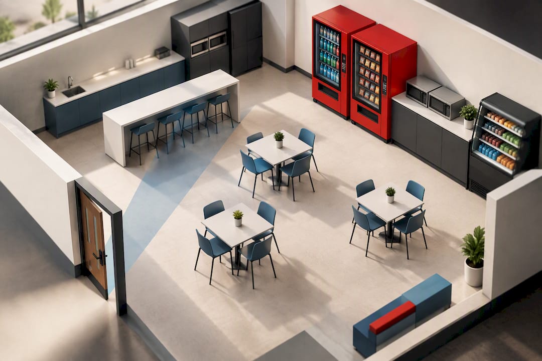 Isometric breakroom layout with clear sightlines