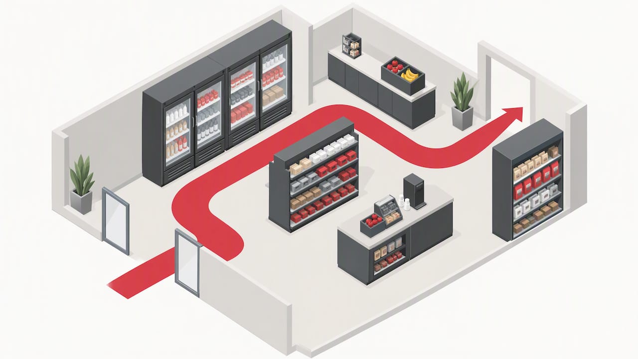 Clear customer path between market fixtures